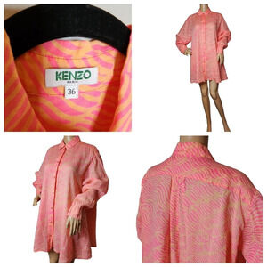 Kenzo Paris shirt tunic dress with pockets ramie coral size 36 small oversized